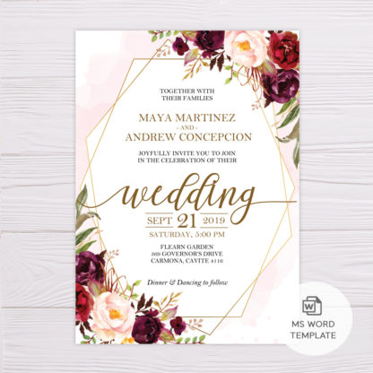 Marsala Flowers with Gold Frame Wedding Invitation Template in MS Word
