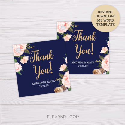 Navy Blue & Blush Flowers Wedding Thank You Tag MS Word Template