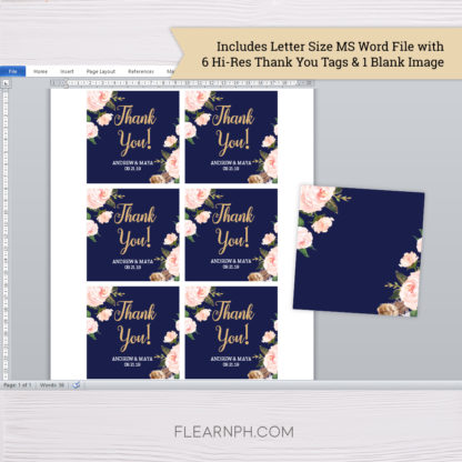 Navy Blue & Blush Flowers Wedding Thank You Tag MS Word Template