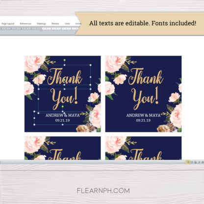 Navy Blue & Blush Flowers Wedding Thank You Tag MS Word Template