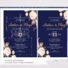 Navy Blue Wedding Invitation Set Template - Blush Flowers/Floral