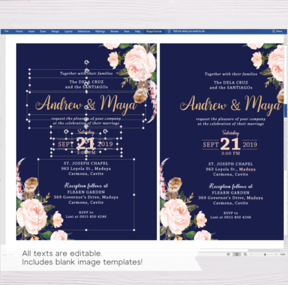 Navy Blue Wedding Invitation Set Template - Blush Flowers/Floral