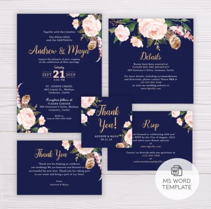 Navy Blue Wedding Invitation Set Template - Blush Flowers/Floral