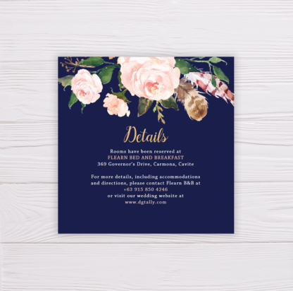 Navy Blue Wedding Invitation Set Template - Blush Flowers/Floral - Details Card