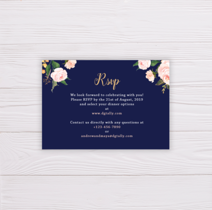 Navy Blue Wedding Invitation Set Template - Blush Flowers/Floral - RSVP