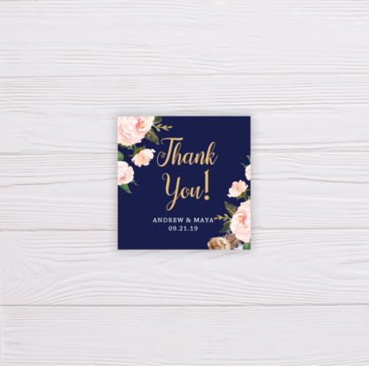 Navy Blue Wedding Invitation Set Template - Blush Flowers/Floral - Thank You Tag