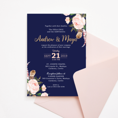 Navy Blue Wedding Invitation Template - Blush Flowers/Floral