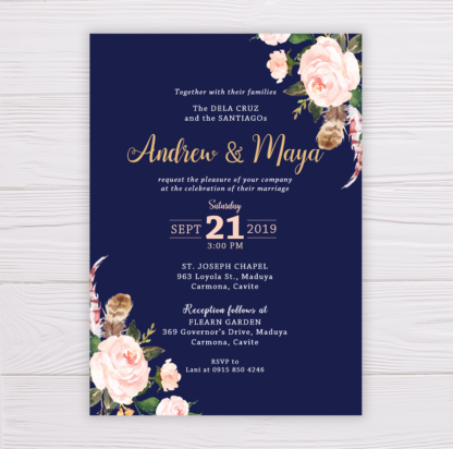 Navy Blue Wedding Invitation Set Template - Blush Flowers/Floral