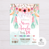 Bohemian Birthday Invitation Template - Pink/Green Feathers, Dreamcatcher