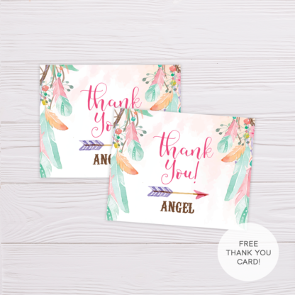 Bohemian Thank you Carc Template - Pink/Green Feathers