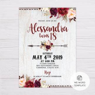 Bohemian Invitation Template - Maroon/Burgundy/Red/Blush Flowers/Floral