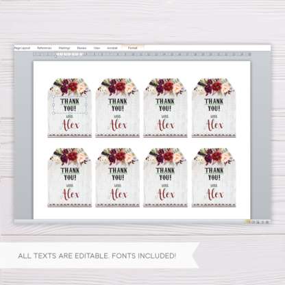 Rustic Maroon Floral Bohemian Thank You Card/Favor Tag Template