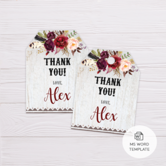 Rustic Maroon Floral Bohemian Thank You Card/Favor Tag Template