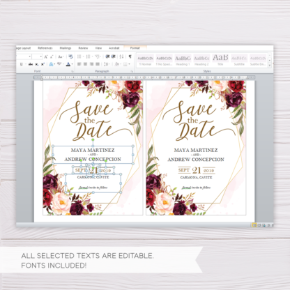 Blush Watercolor & Marsala Flowers with Gold Frame Save the Date Template in MS Word