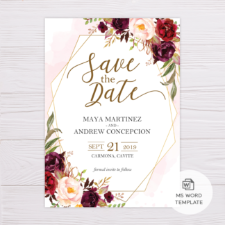Blush Watercolor & Marsala Flowers with Gold Frame Save the Date Template