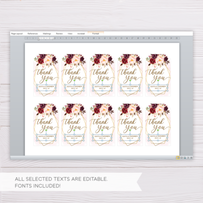 Blush Watercolor & Marsala Flowers with Gold Frame Thank You Tag/Favor Tag Template