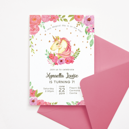 Floral Unicorn Birthday Invitation Template with Pink & Purple Flowers