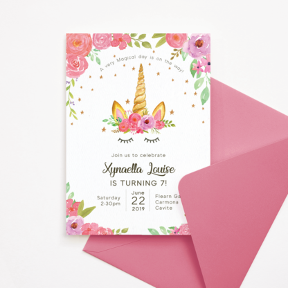 Floral Unicorn Birthday Invitation Template with Pink & Purple Flowers