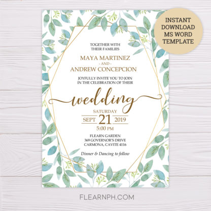 Greenery with Gold Frame Wedding Invitation Template in MS Word