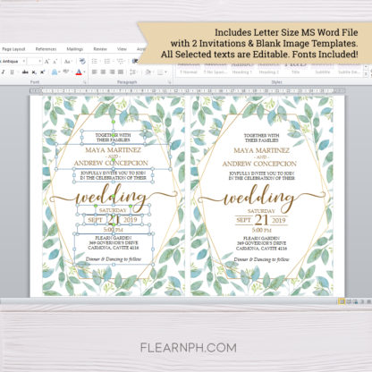 Greenery with Gold Frame Wedding Invitation Template in MS Word