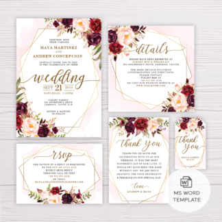 Marsala Flowers with Gold Frame Wedding Invitation Suite Template