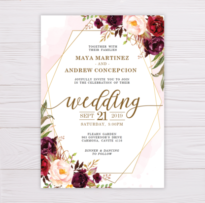 Marsala Flowers with Gold Frame Wedding Invitation Template