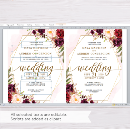 Marsala Flowers with Gold Frame Wedding Invitation Template