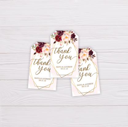 Marsala Flowers with Gold Frame Wedding Invitation Template - Thank You Tag