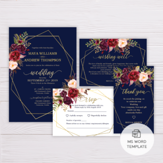 Navy Blue with Marsala Flowers and Gold Frame Wedding Invitation Suite Template