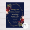 Navy Blue with Marsala Flowers and Gold Frame Wedding Invitation Template