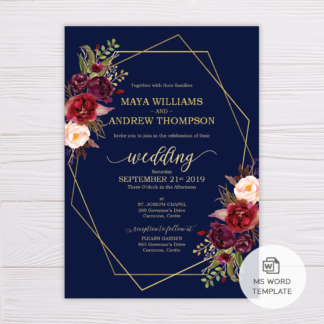 Navy Blue with Marsala Flowers and Gold Frame Wedding Invitation Template