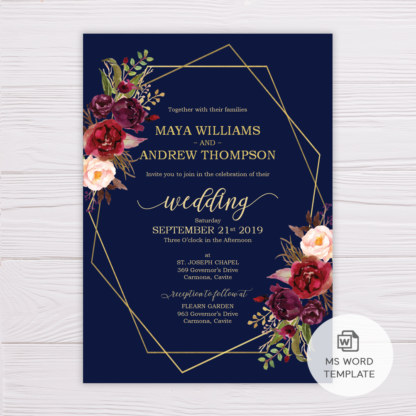 Navy Blue with Marsala Flowers and Gold Frame Wedding Invitation Template