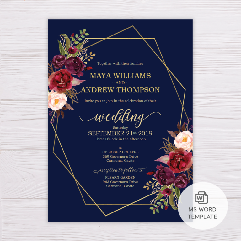 Navy Blue with Marsala Flowers &amp; Gold Frame Wedding