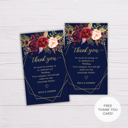 Navy Blue with Marsala Flowers and Gold Frame Wedding Thank You Card Template