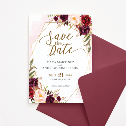 Save the Date Template - Red/Maroon/Blush Marsala Flowers & Gold Frame