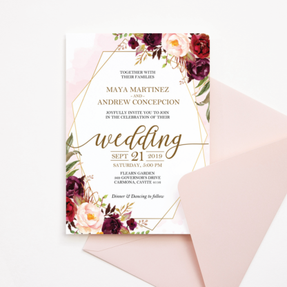 Wedding Invitation Template - Red/Maroon/Blush Marsala Flowers & Gold Frame