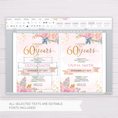 Blush Gold Watercolor Flowers 60th Birthday Invitation Template in MS Word