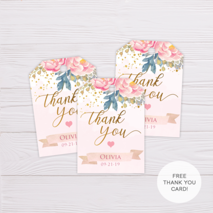 Blush Gold Watercolor Flowers 60th Birthday Favor Tag/Thank You Tag Template in MS Word