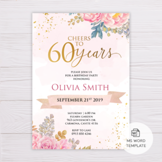 Blush Gold Watercolor Flowers 60th Birthday Invitation Template in MS Word