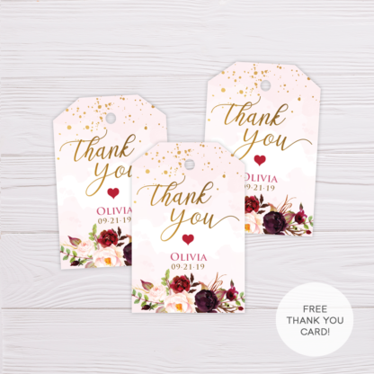 Blush Gold Watercolor With Marsala Flowers 60th Birthday Favor Tag/Thank You Tag Template in MS Word