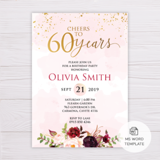 Blush Gold Watercolor With Marsala Flowers 60th Birthday Invitation Template in MS Word
