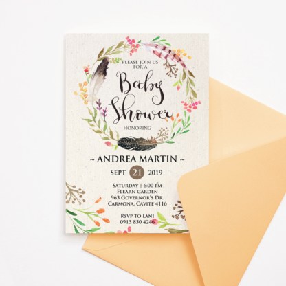 Bohemian Baby Shower Invitation Template with Feather Wreath