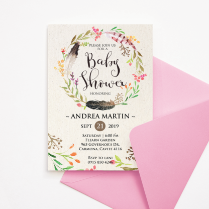 Bohemian Baby Shower Invitation Template with Feather Wreath