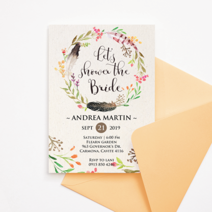 Bohemian Bridal Shower Invitation Template with Feather Wreath