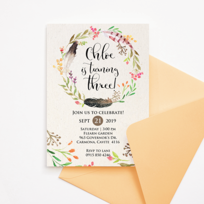 Bohemian Invitation Template for Birthday, Cute Wreath of Flowers & Leaves