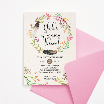 Bohemian Invitation Template for Birthday, Cute Wreath of Flowers & Leaves
