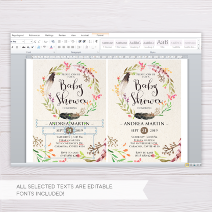 Feathers Wreath Baby Shower Bohemian Invitation Template