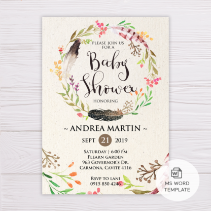 Feathers Wreath Baby Shower Bohemian Invitation Template