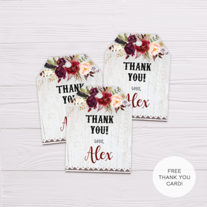 Maroon Floral Bohemian Favor Tag/Thank You Tag Template in MS Word