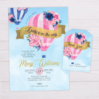 Pink Hot Air Balloon Invitation & Thank You Card